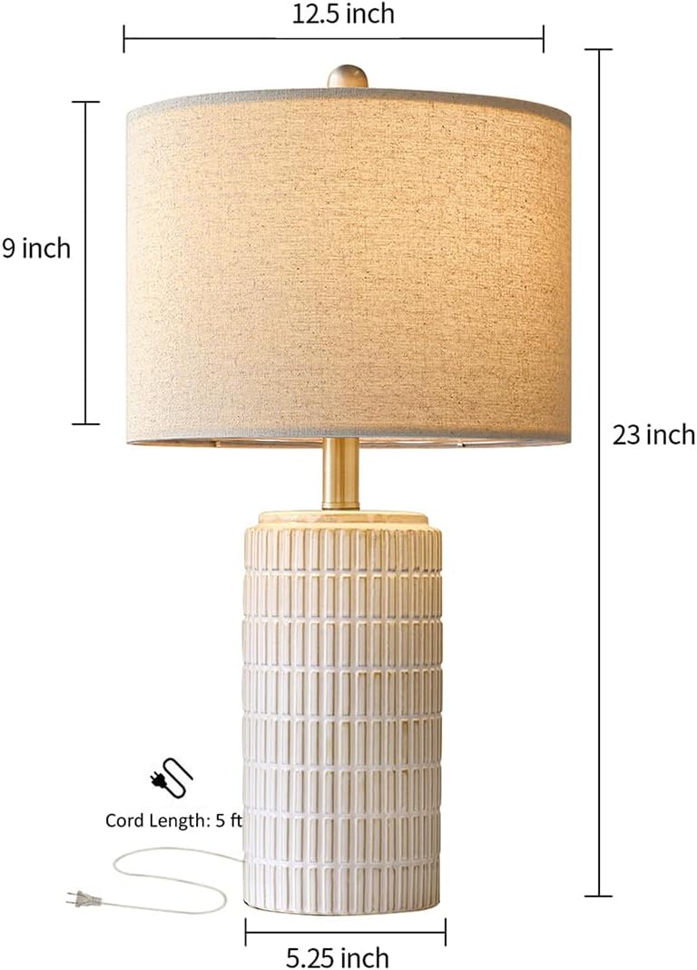 23'' Bedside Table Lamp for Bedroom Nightstand - Ceramic Lamp for Living Room, White Night Stand Light Lamp with Round Linen Shade, Modern Bedroom Lamp Beige - Image 2