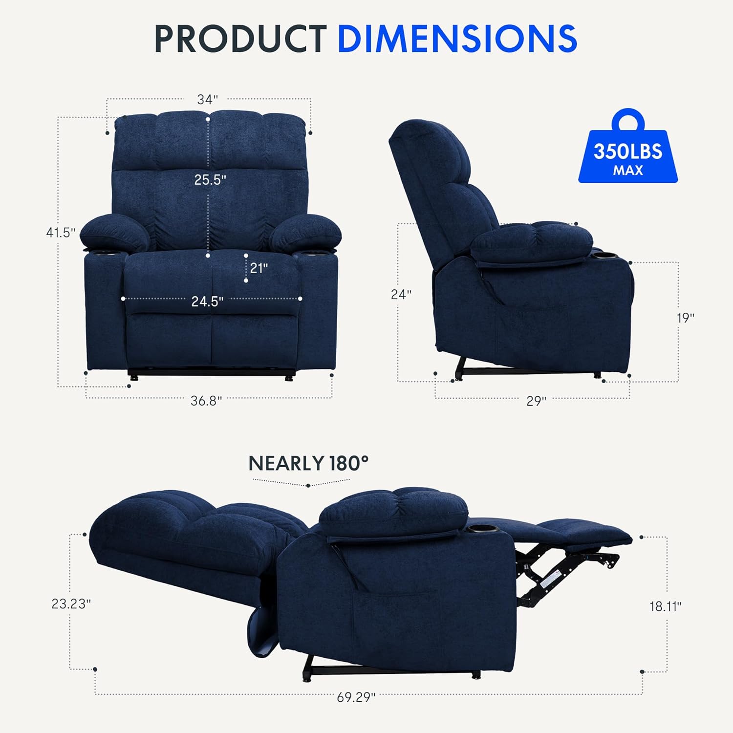Dual Motor Power Lift Recliner Chair for Elderly, Electric Lay Flat Recliner w/Massage & Heat, Fabric Reclining Sofa w/USB Ports for Living Room Bedroom, Blue(XL5) by - Image 2